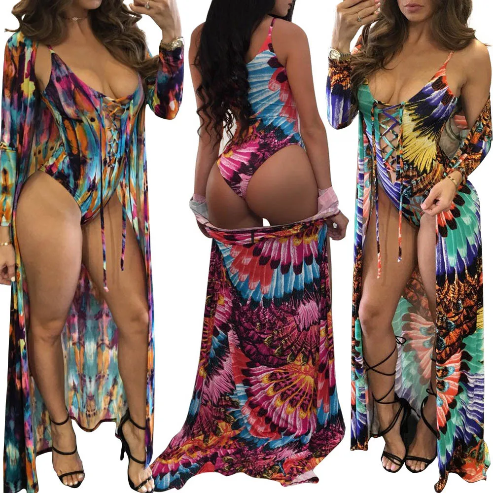 2019 New Brazilian Exotic Swimsuit Swimwear Sexy Women One Piece Bikini and Cover Up Beach Cardigan Coat 2Pcs Set Bathing Tunic | Спорт и