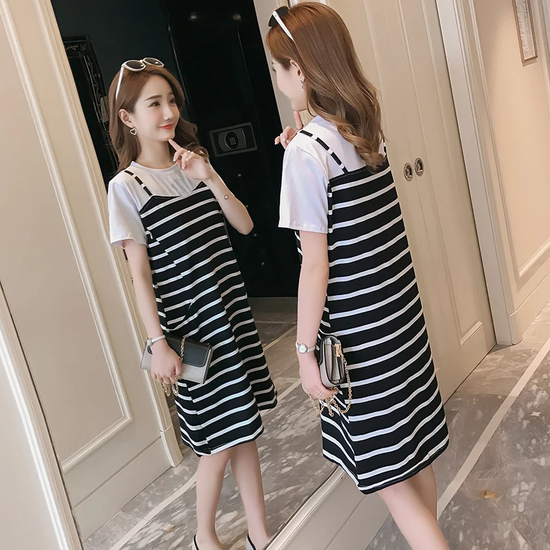 2020 летнее платье для беременных женщин Полосатое лоскутное Хлопковое с коротким