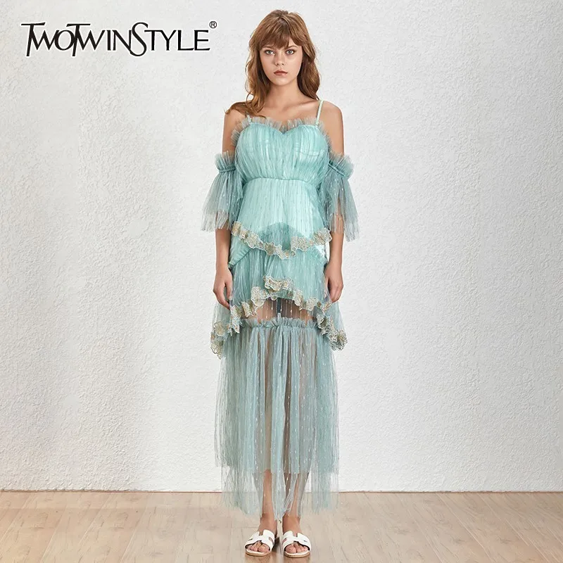 TWOTWINSTYLE с открытыми плечами длинное платье для женщин вышивка лоскутное ремень
