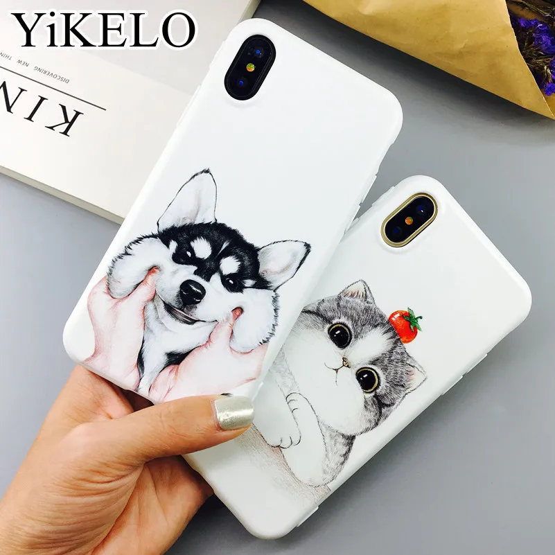 YiKELO милый мультфильм Кот Собака Хаски чехол для iPhone XS XR MAX X 6 6s 7 8 Plus мягкие ТПУ