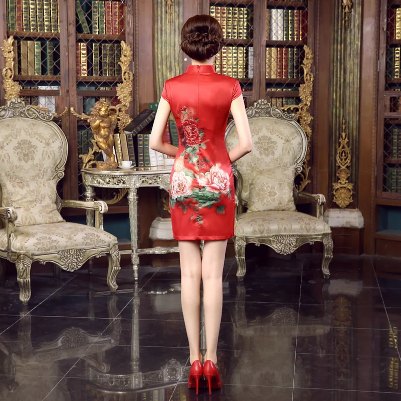 Китайское красное Qi Pao пион узор китайское платье Qipao шелк восстановление