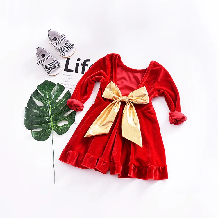 Рождественское платье для маленьких девочек красное бархатное плиссированное с
