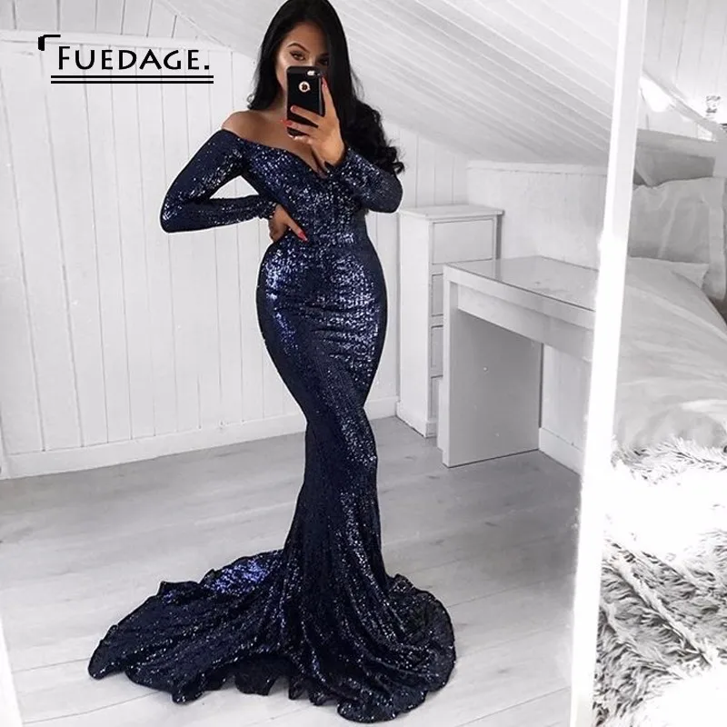 Женское платье с блестками Fuedage однотонное длинным рукавом и открытыми плечами