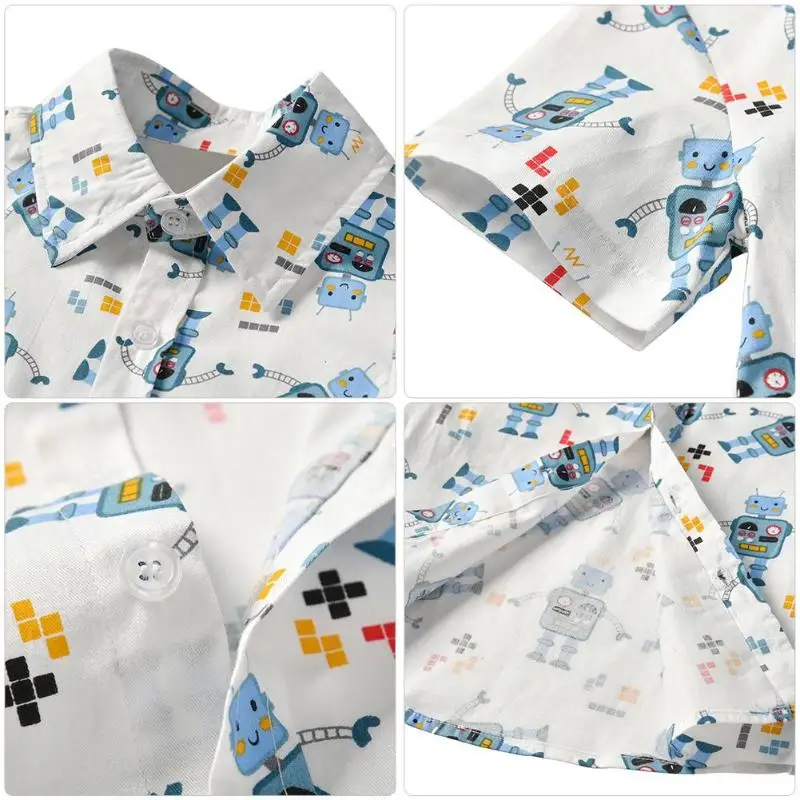 Летняя хлопковая рубашка с принтом роботов для мальчиков Детская отложным