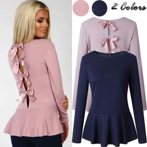 Модная женская блузка с баской бантом сзади рюшами повседневная одежда длинным