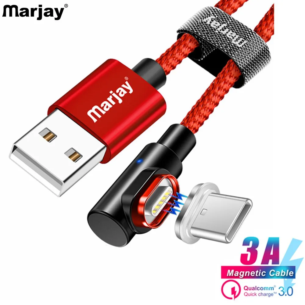 Магнитный кабель Marjay USB Type C для Samsung Huawei 90 градусов L Line светодиодный магнитный