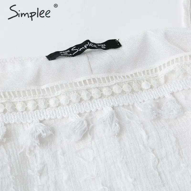 Simplee Этническая кисточкой Белый лен женская сорочка Лето boho на шнуровке