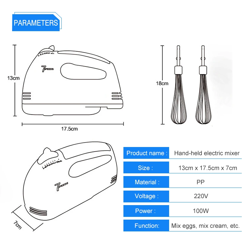 США Plug 7 скорость портативный миксер пищевые блендеры двойной венчик