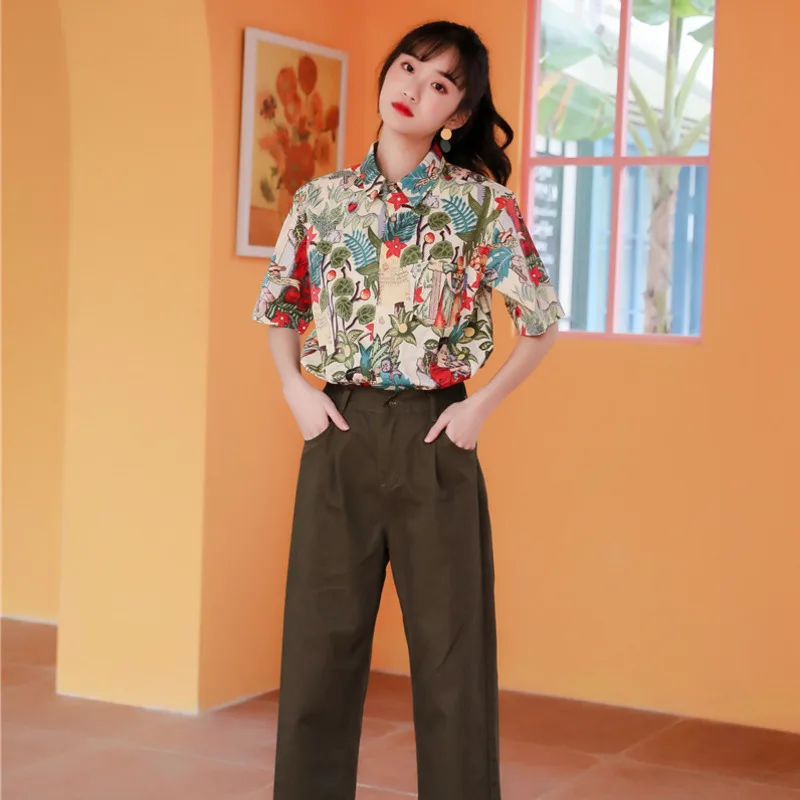 LANMREM 2019 модная женская рубашка с принтом в стиле ретро коротким рукавом свободная