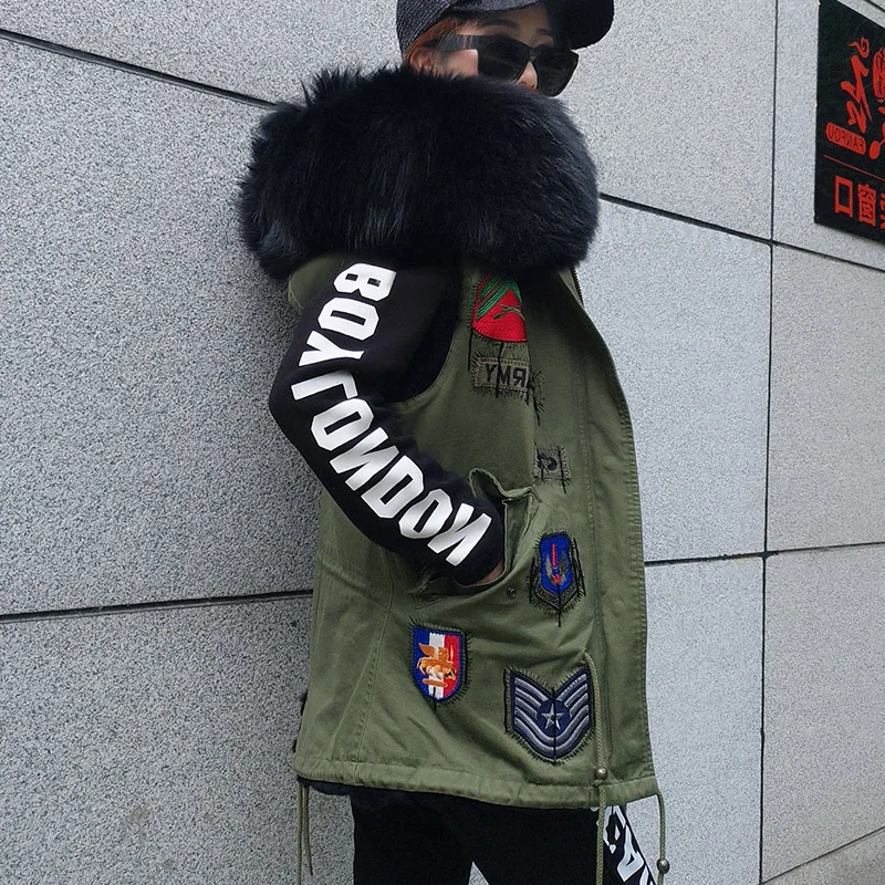 maomaokong 2018 winter women sleeveless waistcoat embroidery Cotton parka big natural real raccoon fur collar army green coat | Женская