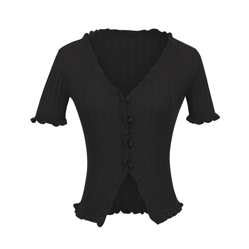 Vintage Stripe Knitting V-neck Sweater Thin Women Single Breasted Short Sleeve Slim Cardigan |