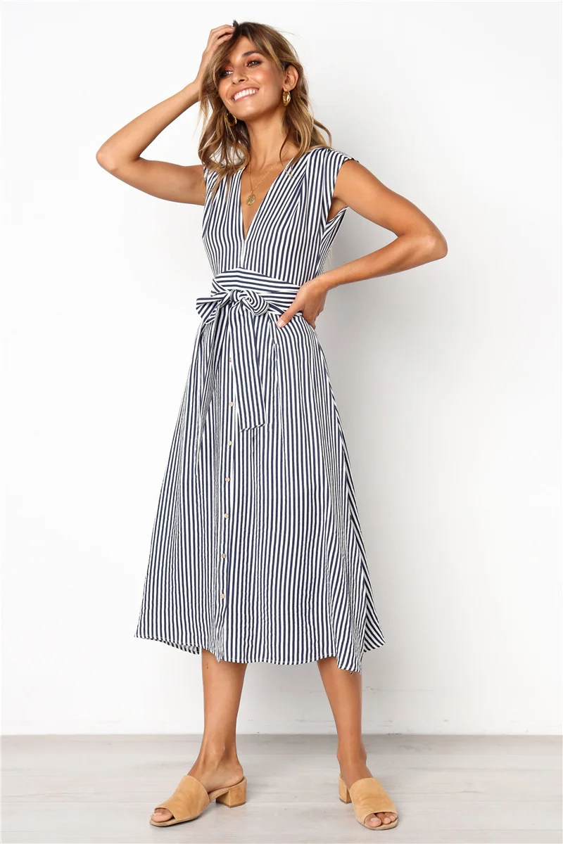 2019 летнее пляжное платье без рукавов сексуальное Полосатое длинное с v образным