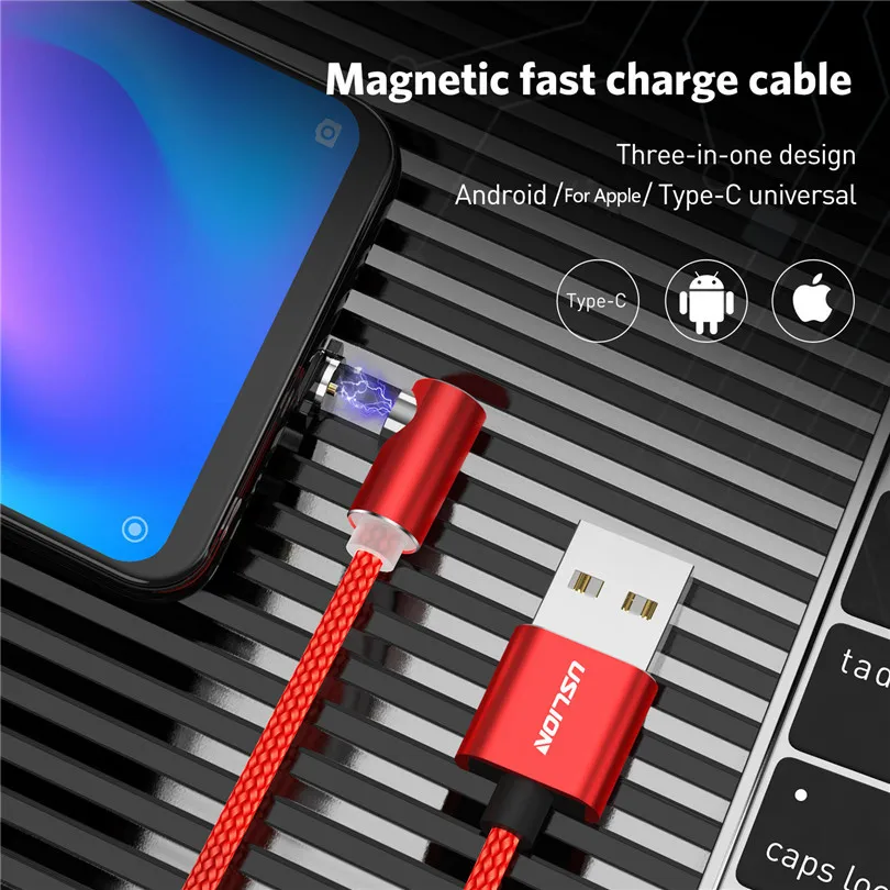 Магнитный usb-кабель USLION 1 м L-Line 90 градусов Micro USB для iPhone X XS Max 8 7 6 Type C кабель Samsung Xiaomi