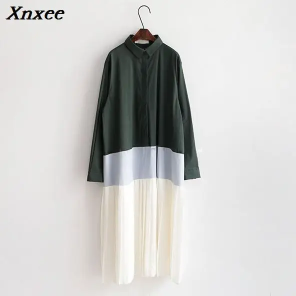 

Xnxee 2020 Contrast Color Pleated Loose Shirt Dress Spring Women Long Sleeve Turn-down Collar New Korean Xnxee