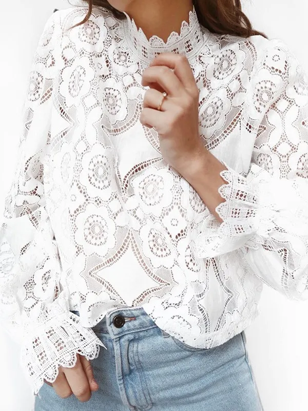 

Summer Casual Women's Vogue Lace Hollow Slim Blouses Long Sleeve White Shirt Stylish