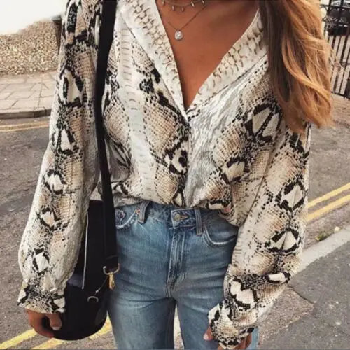 

ITFABS Hot New Womens Snake Printed Blouse Long Sleeve V Neck Casual Shirt