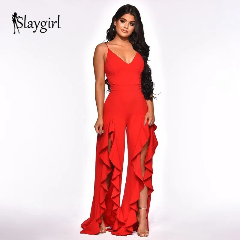 Slaygirl Jumpsuits for women 2019 fashion Womens rompers Party Clubwear Jumpsuit Sexy Ruffles Red Long Trousers Pants Overalls | Женская