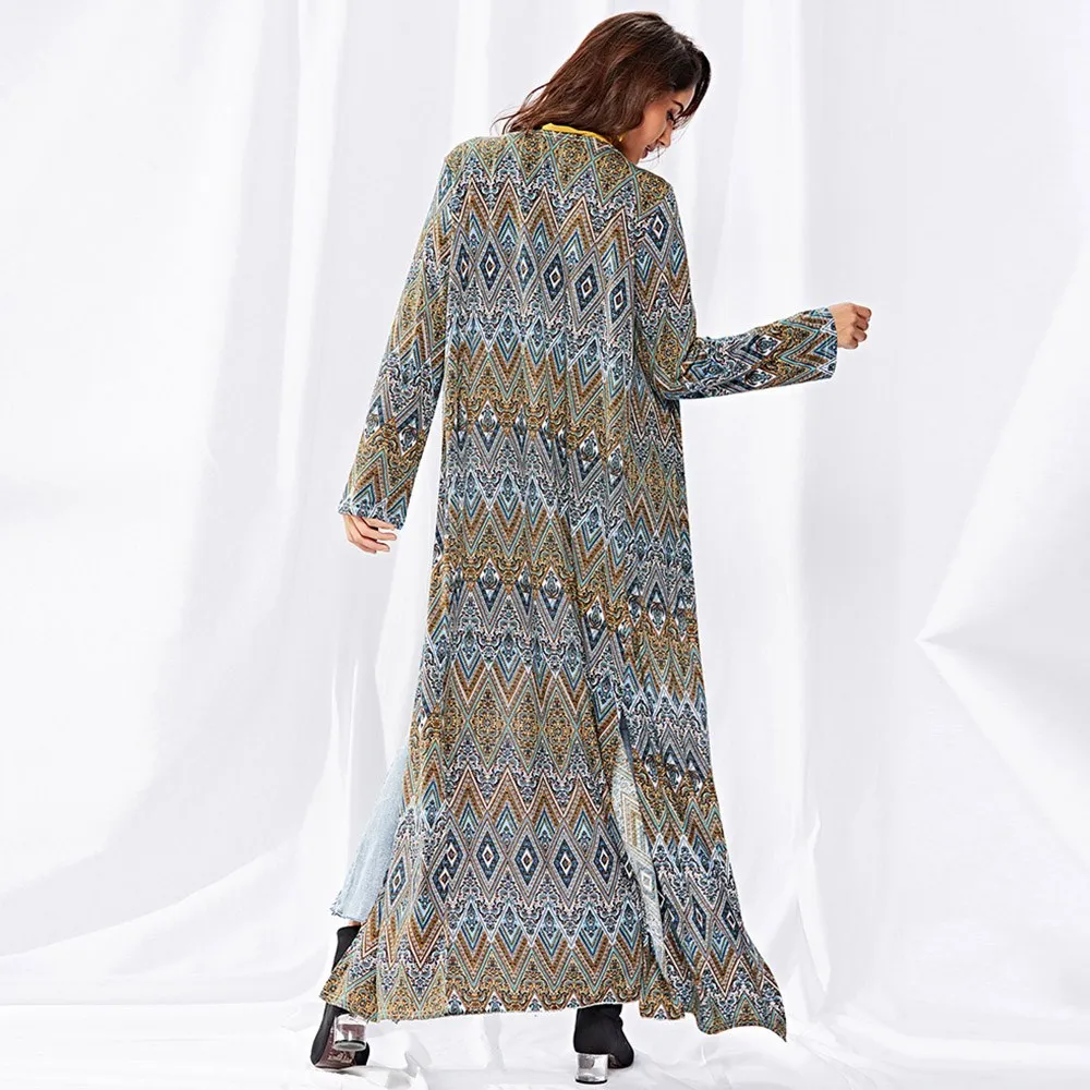 Длинное пальто кардиган Для женщин Разделение Свободные Boho модный принт верхняя