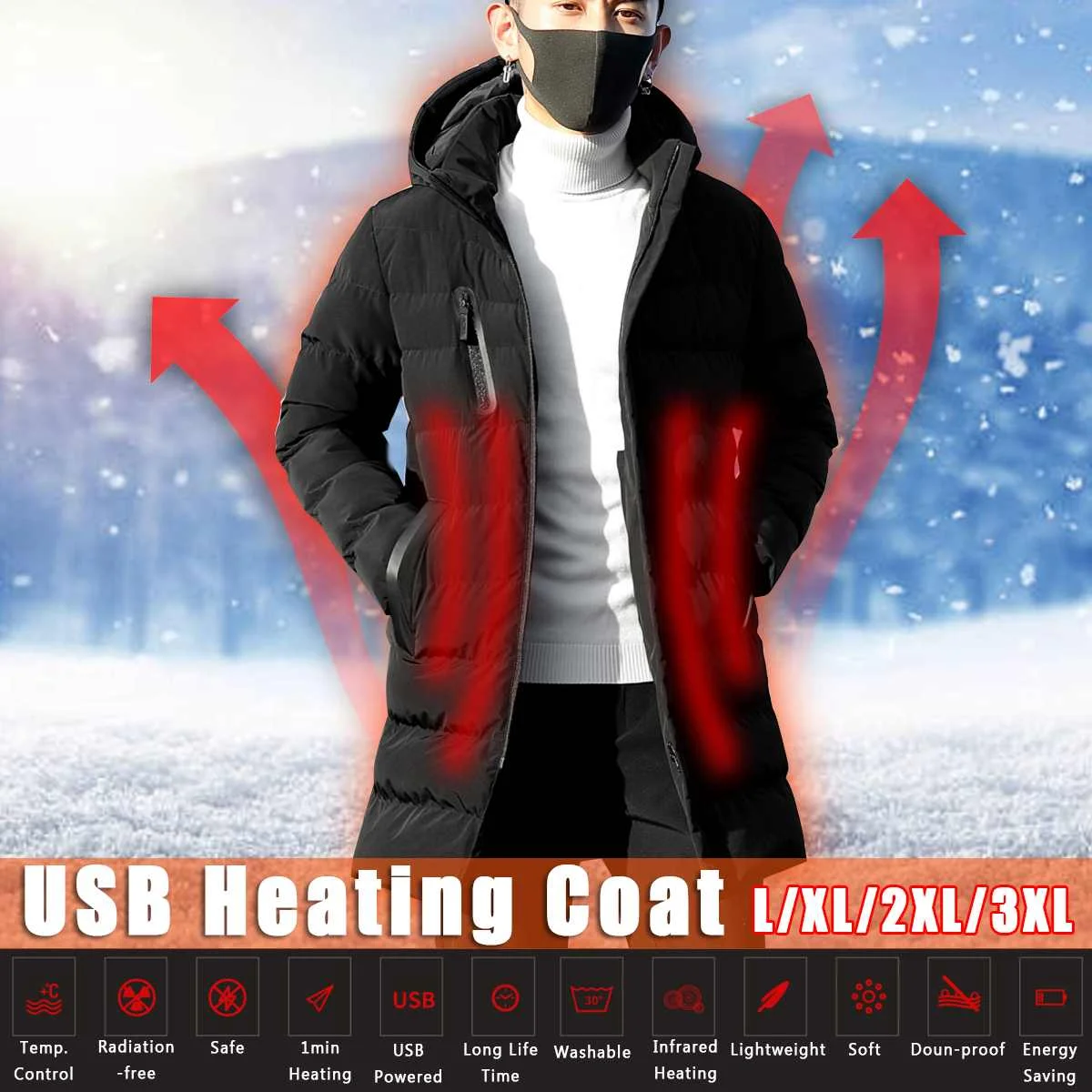 Умная термостатическая куртка с электрическим подогревом длинная ветрозащитная