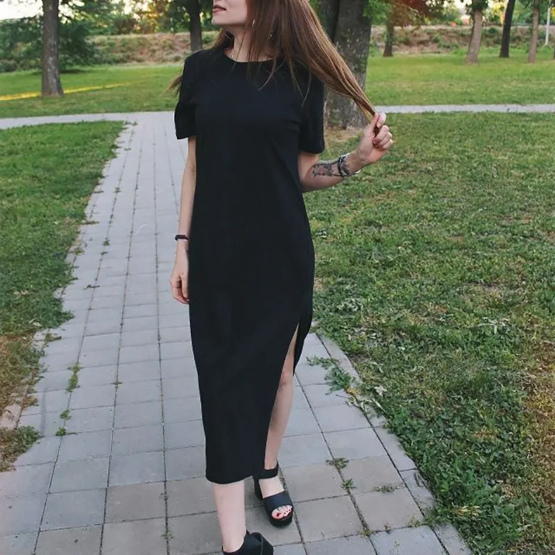 Женское платье футболка черное винтажное с коротким рукавом пляжный сарафан