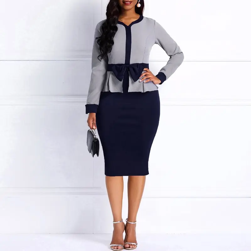 Women Dress 2019 Spring Elegant Long Sleeve Color Block Bowknot Patchwork Round Neck Bodycon Office Lady Party Midi | Женская одежда