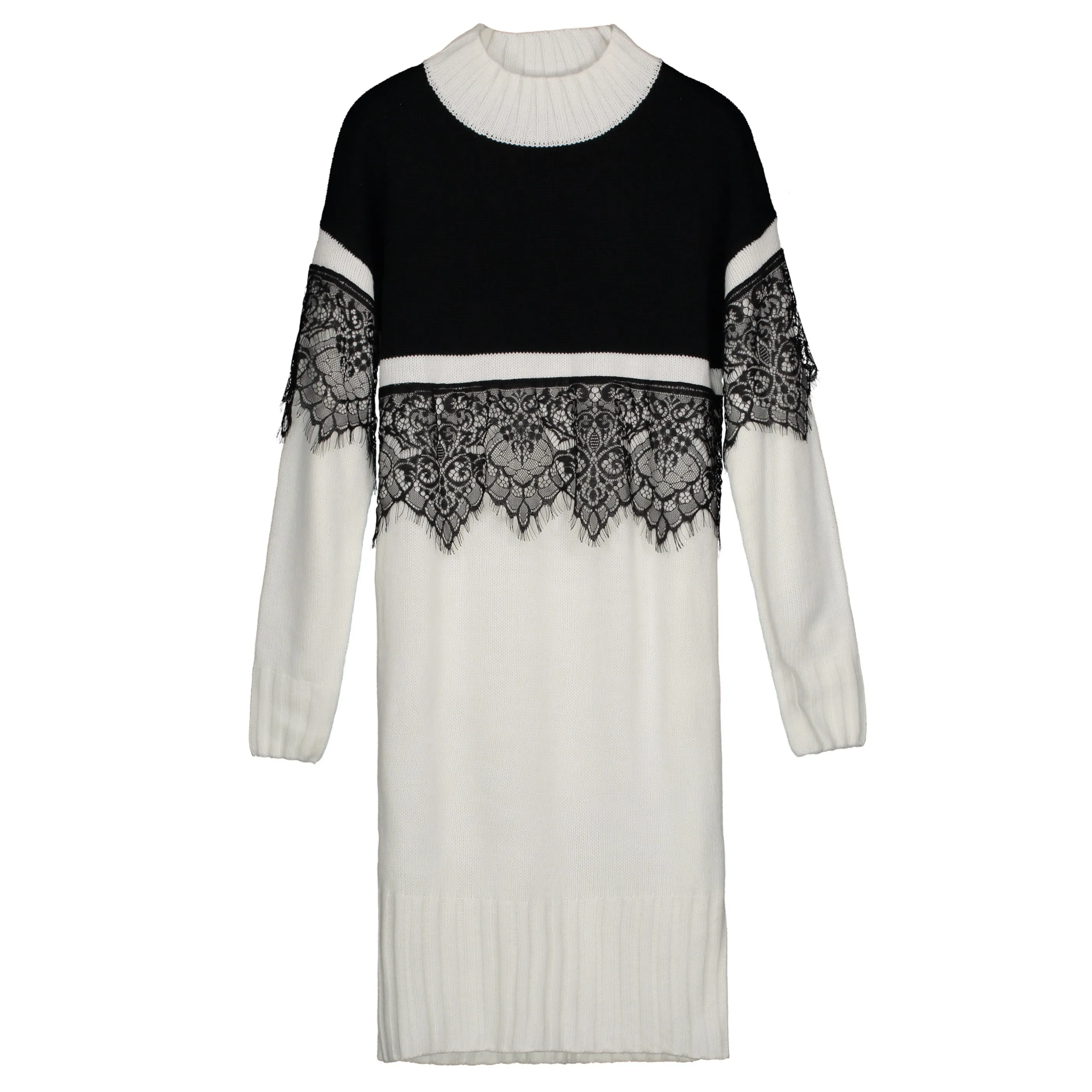 Women Fashion Lace Sweater Dress White Black Color Block Boho Autumn Winter Knitted Loose High Collar | Женская одежда