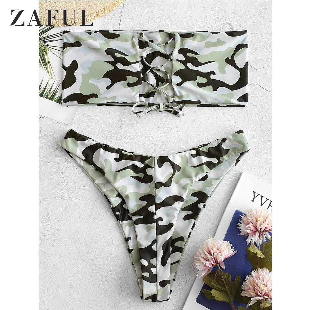 ZAFUL камуфляж на шнуровке Бандо купальник с заниженной талией стринги бикини 2019