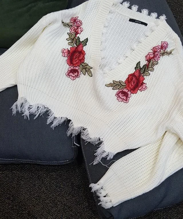 AZULINA Women Sweater Autumn Frayed V Neck Floral Embroidered Sweaters Casual Ladies Tops Pullovers Oversized Womens Outwear New | Женская