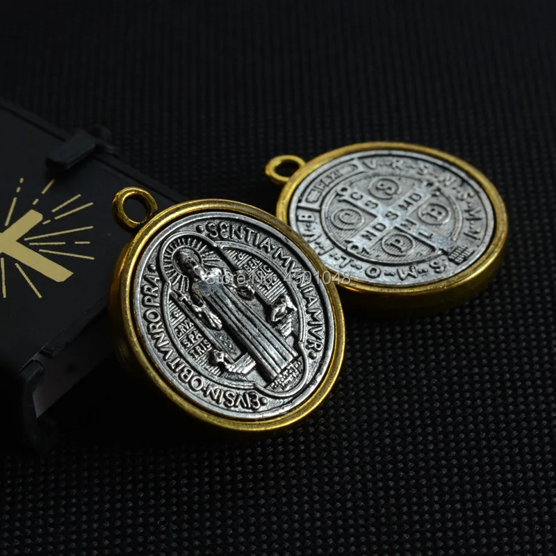 Catholic st. benedict Saint metal pendant sanctia patris bless protect exorcism golden border Antique Silver doublesides medal | Украшения