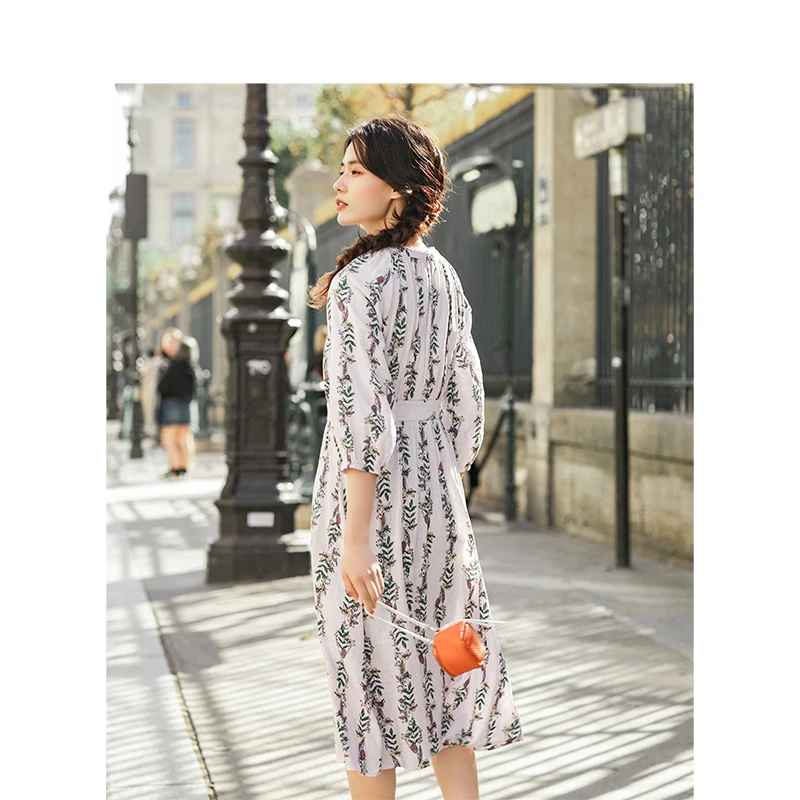 Женские длинные платья с О-образным вырезом поясом и цветочным принтом на весну