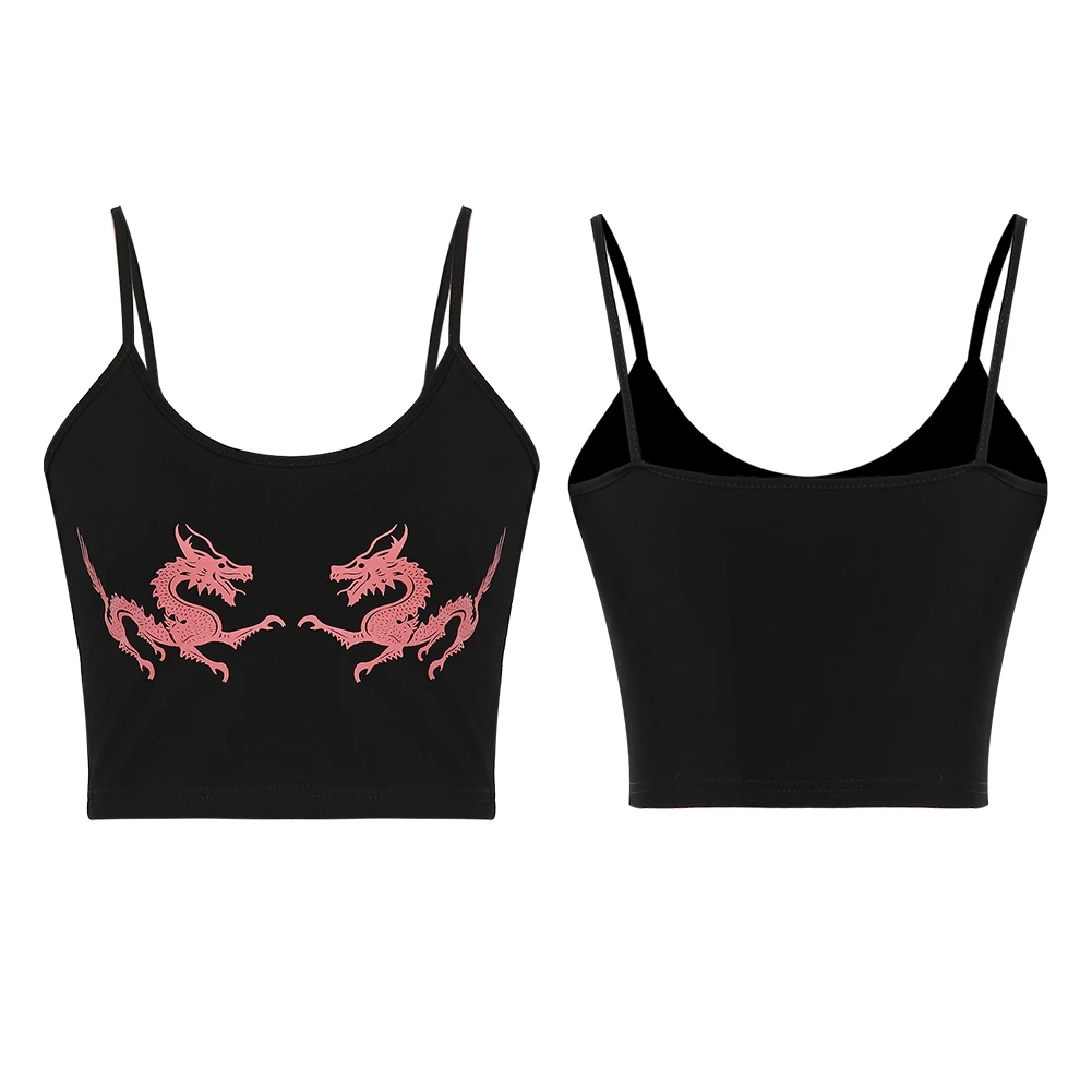 2019 Fashion Summer Women Casual Dragon Print Sleeveless Camisole Sexy Spaghetti Strap Backless Crop Top Chinese Style Street c | Женская