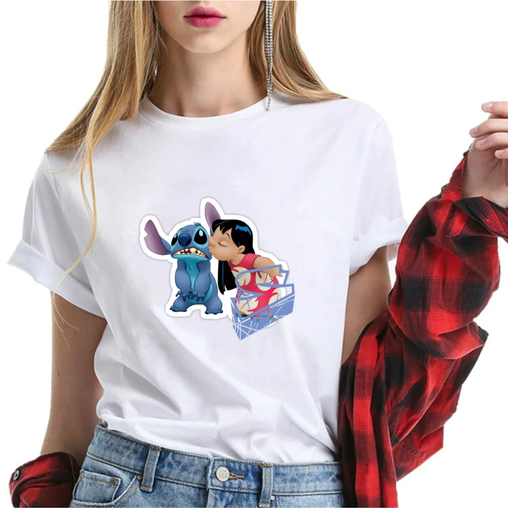 Милая Kawaii Футболка Летний стиль Lilo & Stitch печать футболка с круглым вырезом для