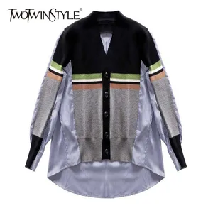 Женская Асимметричная блузка TWOTWINSTYLE, повседневная трикотажная блузка с v-образным вырезом и длинным рукавом, весна 2020