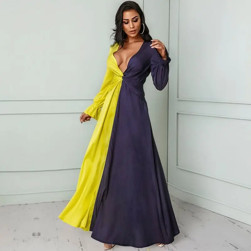 Халат vestidos femme элегантный Для женщин летнее платье Цвет блокирование Sexy Глубокий