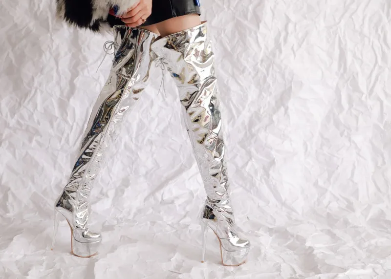 Женские облегающие сапоги серебристые Сапоги выше колена на высокой платформе с