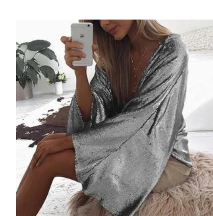 Newly Fashion Lady Women Sexy Sequin Blouse Long Trumpet Sleeve Cardigan Shirt Spring Autumn Tops | Женская одежда