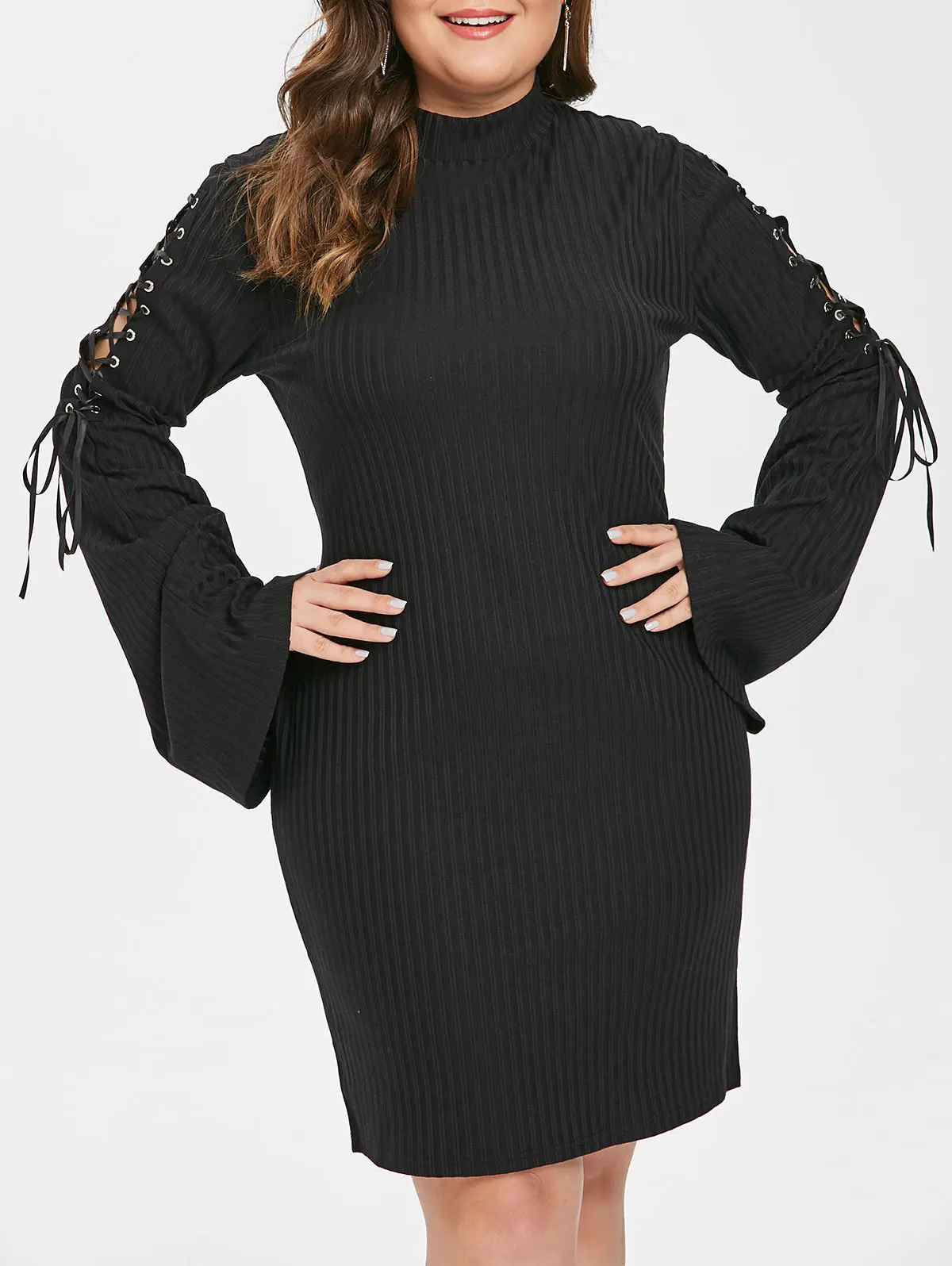 Wipalo Women Plus Size Ribbed Bodycon Knit Dress Lace Up Turtleneck Flare Sleeve Knee Length Casual Solid 4XL Vestidos | Женская одежда
