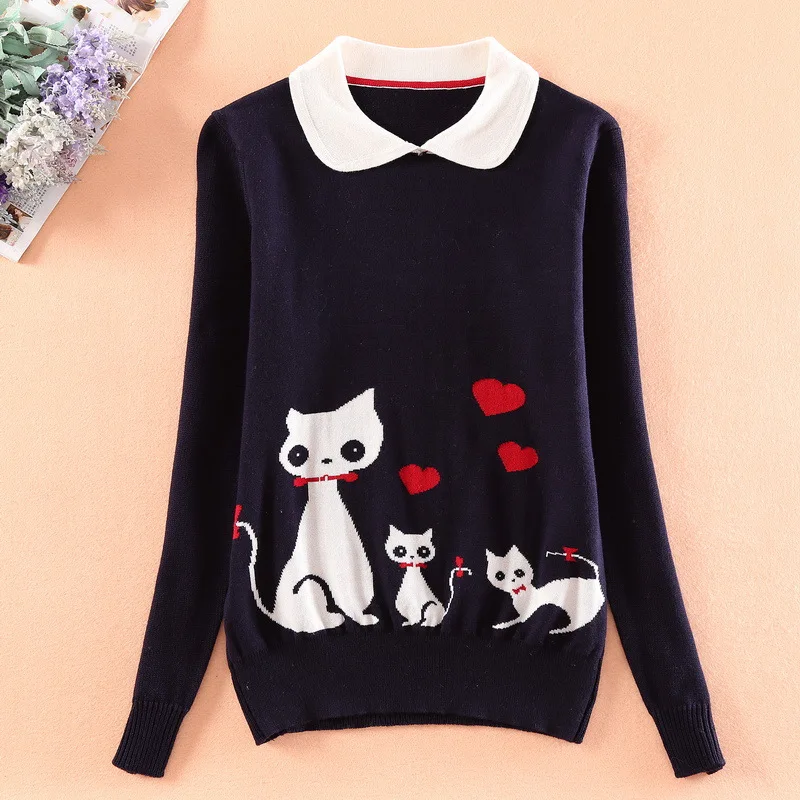 Japanese Cartoon Cat Patterned Mori Girl Navy Blue Knitted Sweater Pullover Tops | Женская одежда