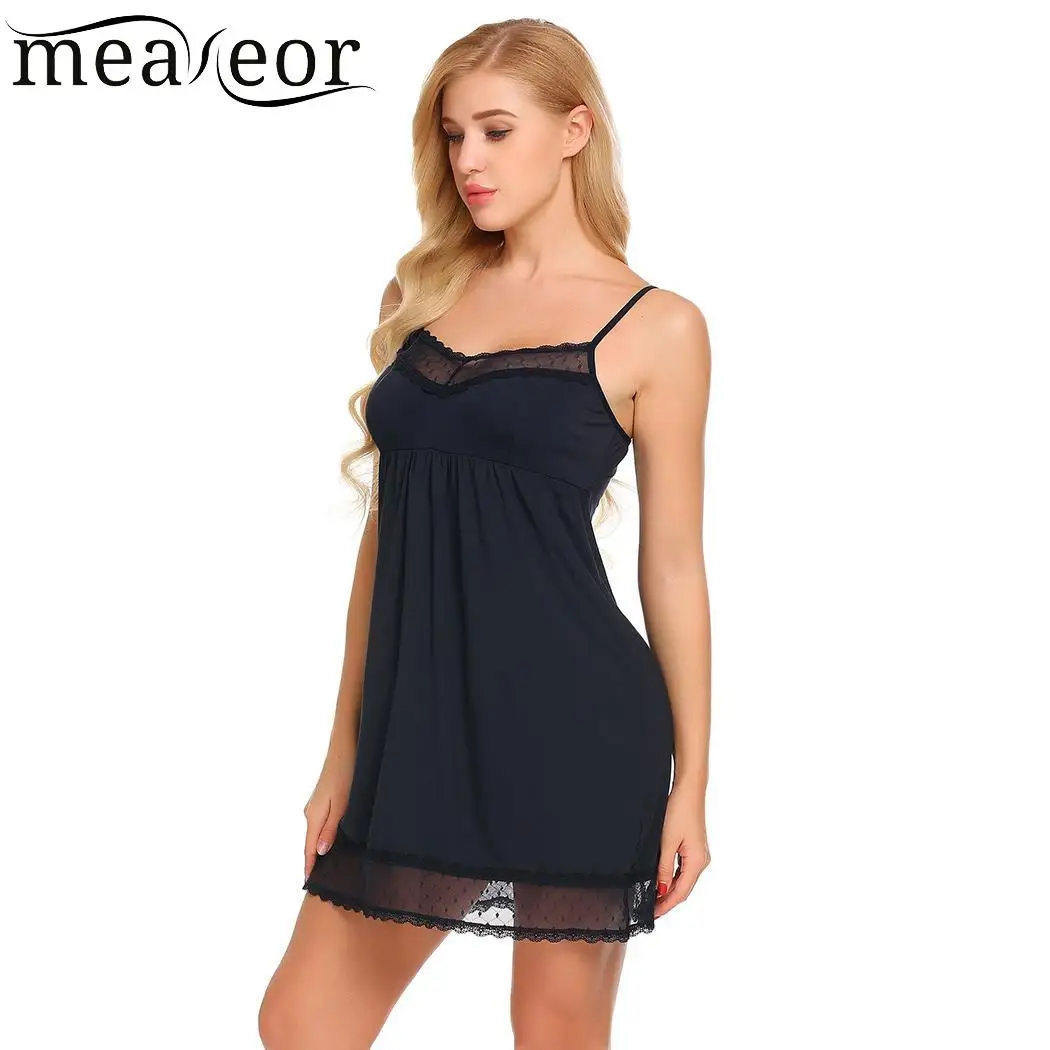 Meaneor Lace Trim Women Sleepwear Chemise Nightgown Slip Lingerie Dress Solid Strappy Sleep V Neck Summer Nightwear |