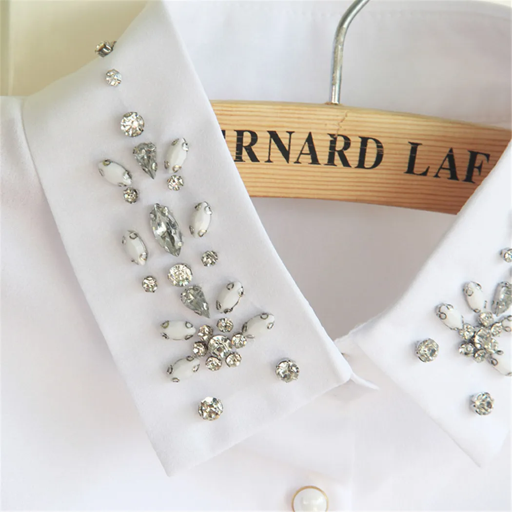 2019 New Arrivals Women Fashion Cotton Beaded White Shirt False Collar Female Crystal Blouses Fake Necklaces |