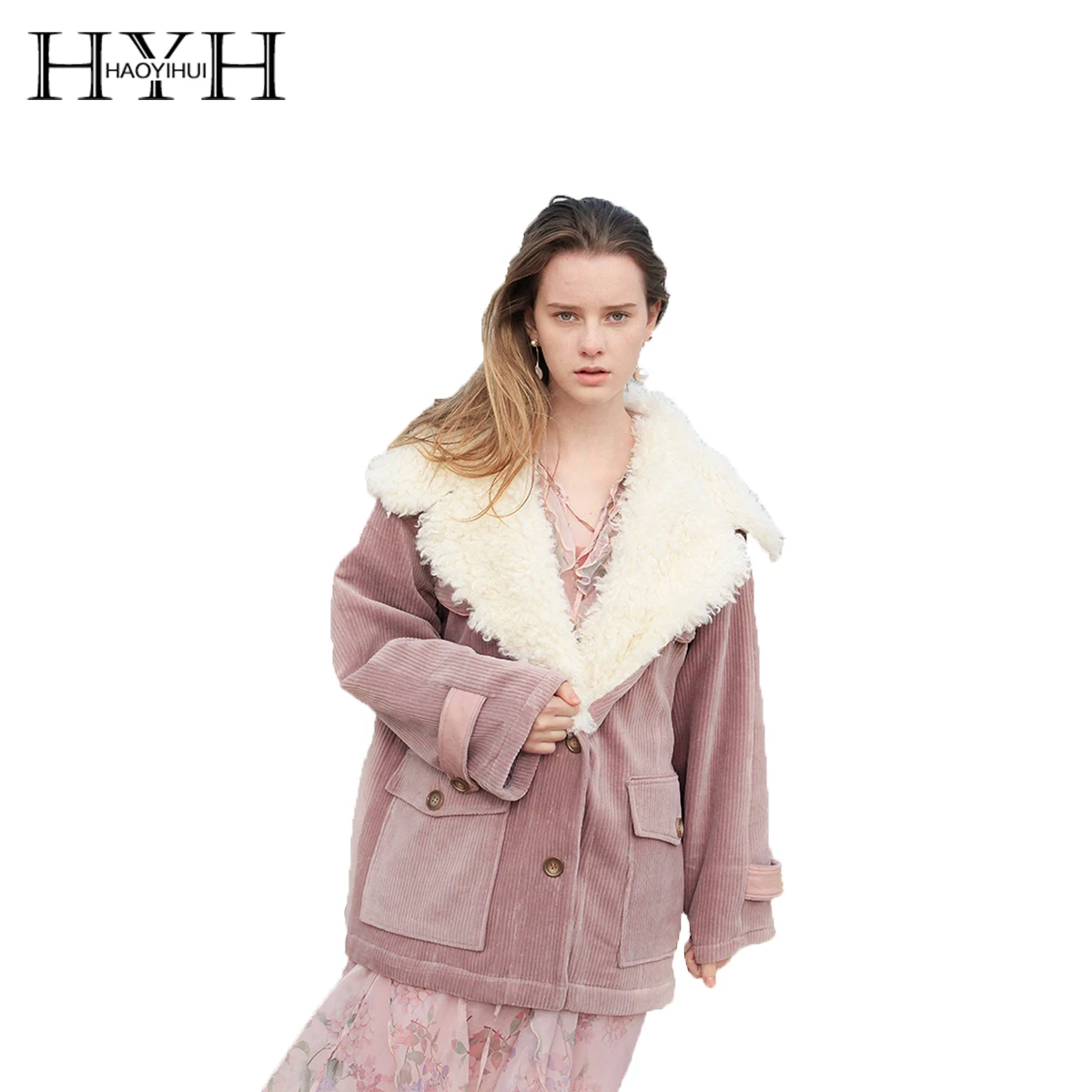 Пальто с мехом HYH HAOYIHUI простой свободный милый в стиле ретро розовый Новое