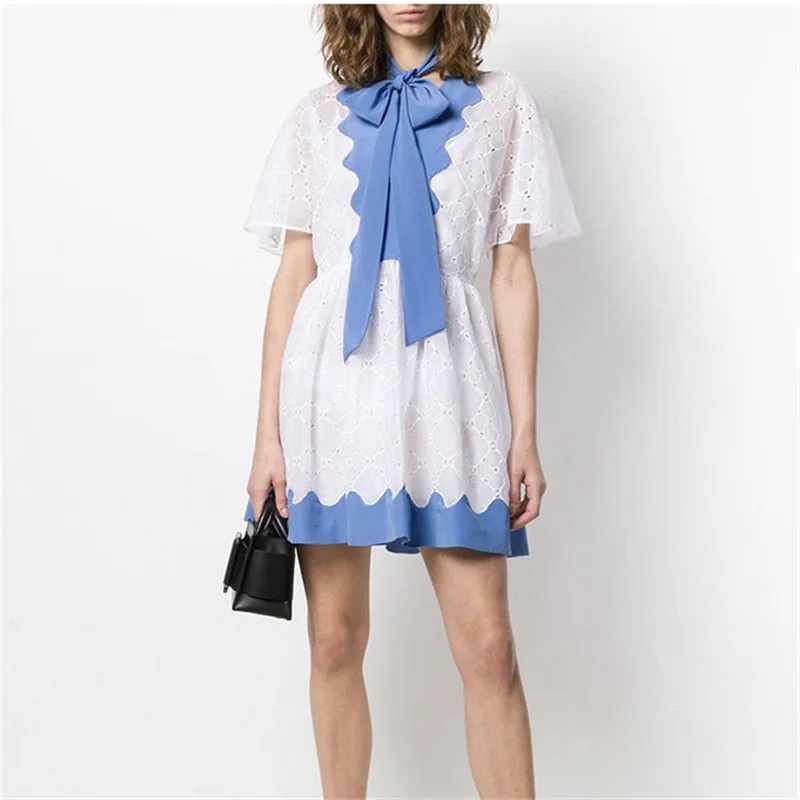 Elegant Blue White Patchwork Hollow Out Women Dress Chic Bow Neck A-line Short Sleeve 2019 Summer Party Beach Clothes Женская одежда