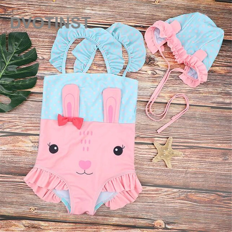 Одежда для маленьких девочек милый купальник с кроликом + головной убор комплект