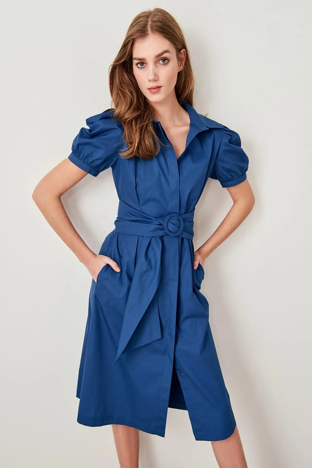 Trendyol Индиго Kemerli платье с воздушными рукавами TWOSS19OC0016|Женские платья| |