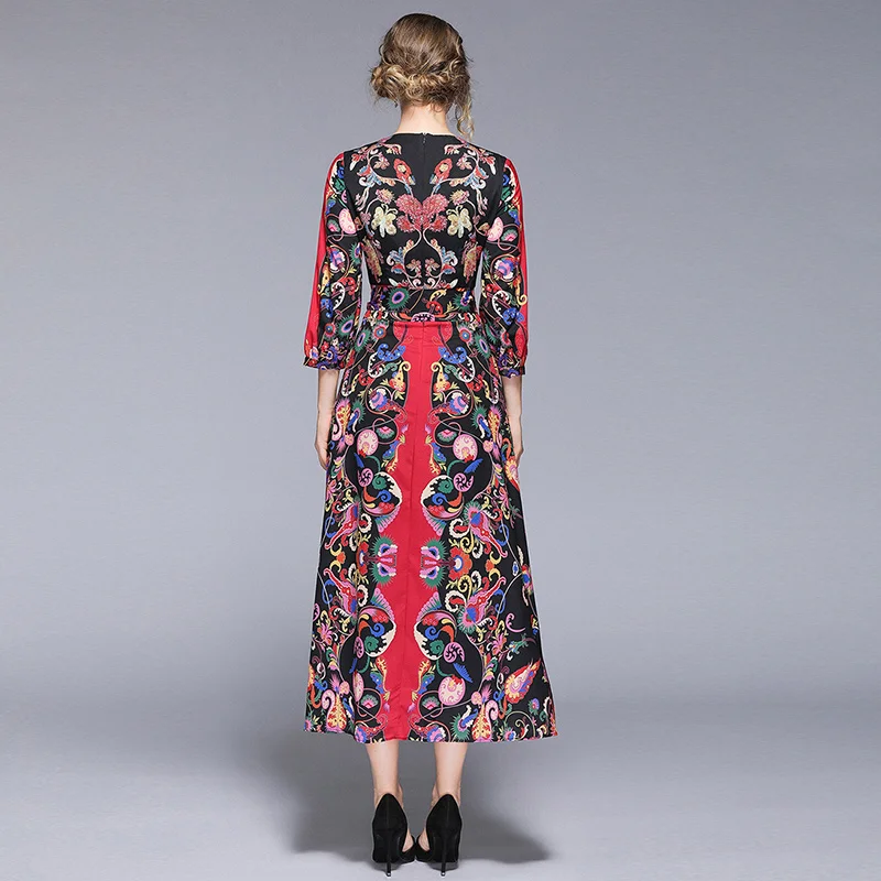 

2019 Designer Runway Dress summer Women Long sleeve v neck red black vintage Print Elegant Dress