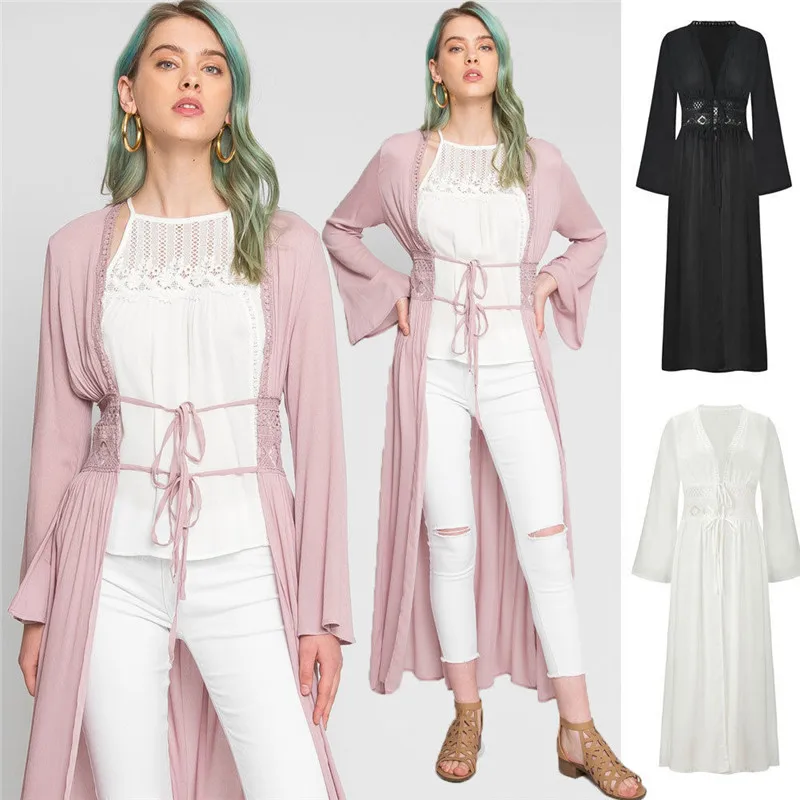 Женское шифоновое кимоно Boho пляжный кардиган однотонный свободный длинный рукав