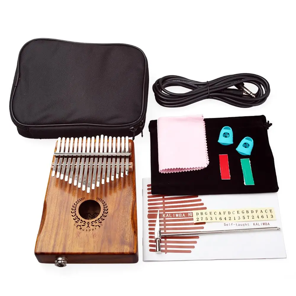 

Muspor 17 Keys EQ Kalimba Mbira Calimba Solid Acacia Thumb Piano Link Speaker Electric Pickup with Bag + 3M Cable Musical Gift