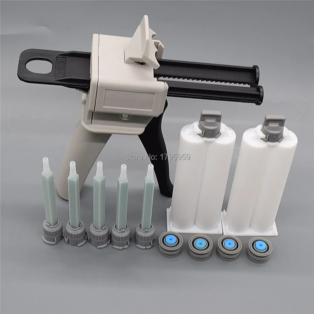 50ml Caulking Gun 1:2 Glue Adhensive Dispenser AB with 2pcs 1:1 Empty Dual-Barrel Cartridge 5pc Mixing Nozzle | Инструменты