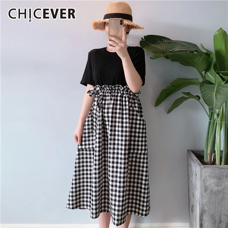 Женское клетчатое платье CHICEVER винтажное составного кроя с оборками круглым