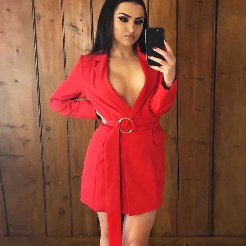 Женское офисное платье Slaygirl элегантное с глубоким v-образным вырезом и поясом на